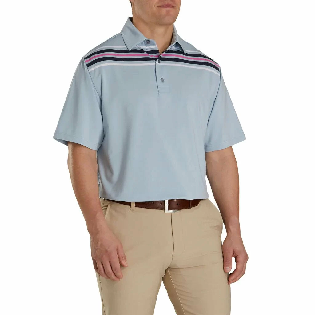 FootJoy Lisle Chest Blue Strip Self Collar Mens Golf Polo 1 FootJoy Lisle Chest Blue Strip Self Collar Mens Golf Polo
