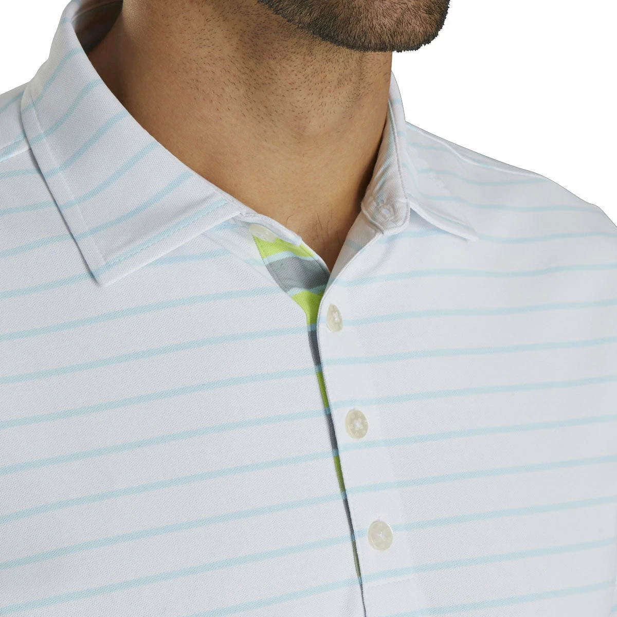 FootJoy Pique Mixed Stripe Self Collar White-Ice Blue Mens Golf Polo 3 FootJoy Pique Mixed Stripe Self Collar White-Ice Blue Mens Golf Polo - Image 3