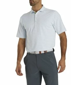 FootJoy Pique Mixed Stripe Self Collar White-Ice Blue Mens Golf Polo