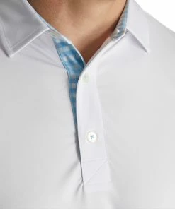 FootJoy Athletic Fit Lisle Solid Gingham Trim White Mens Golf Polo -Golf Gloves Sales Store 21474 WHITE 2