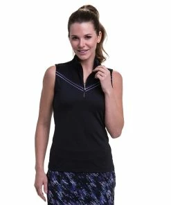 EP NY EP New York Mock Zip Black Multi Womens Sleeveless Golf Polo